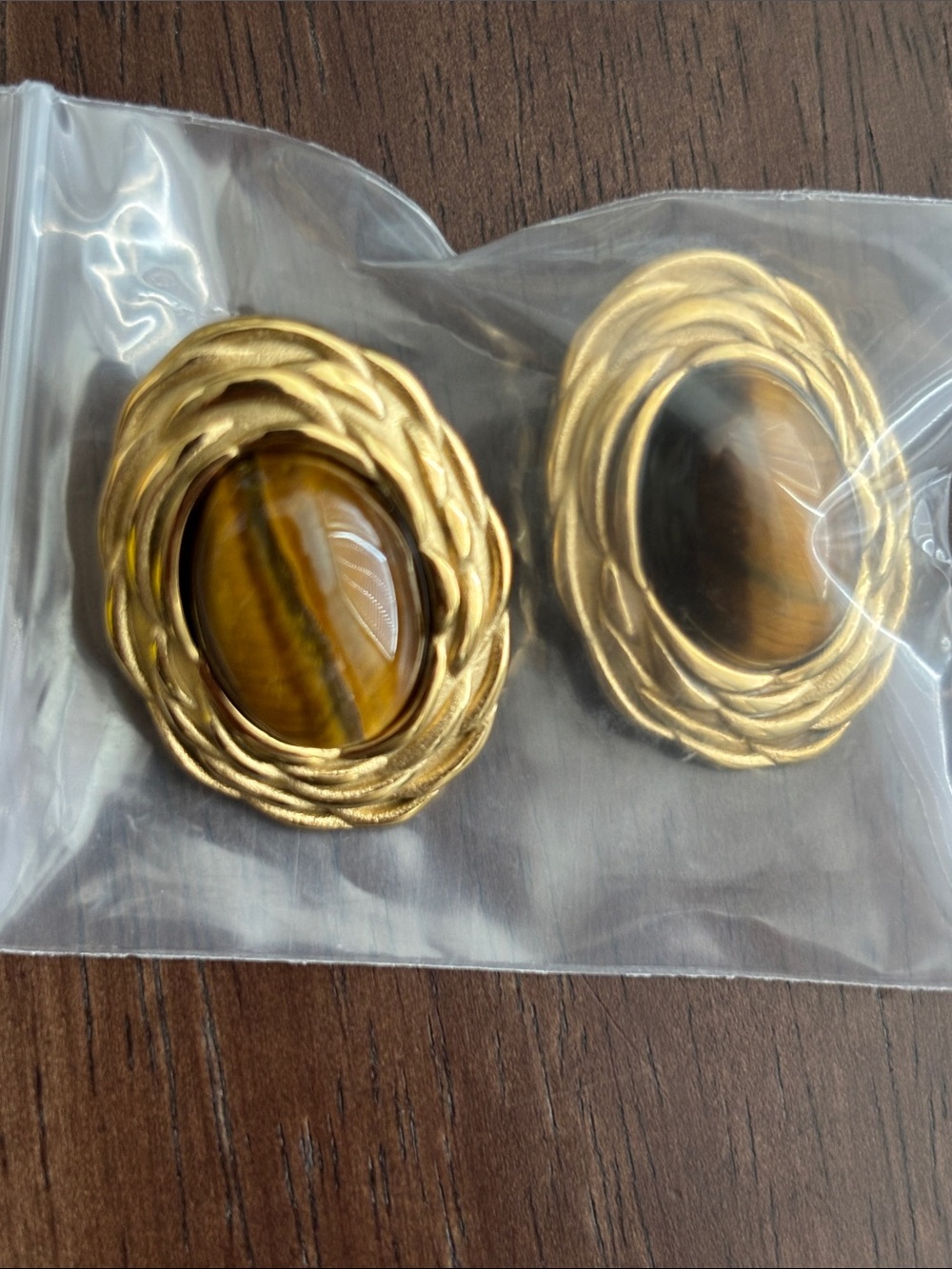Brand new Gold-Tone Earrings with Brown Tiger's Eye Cabochons
